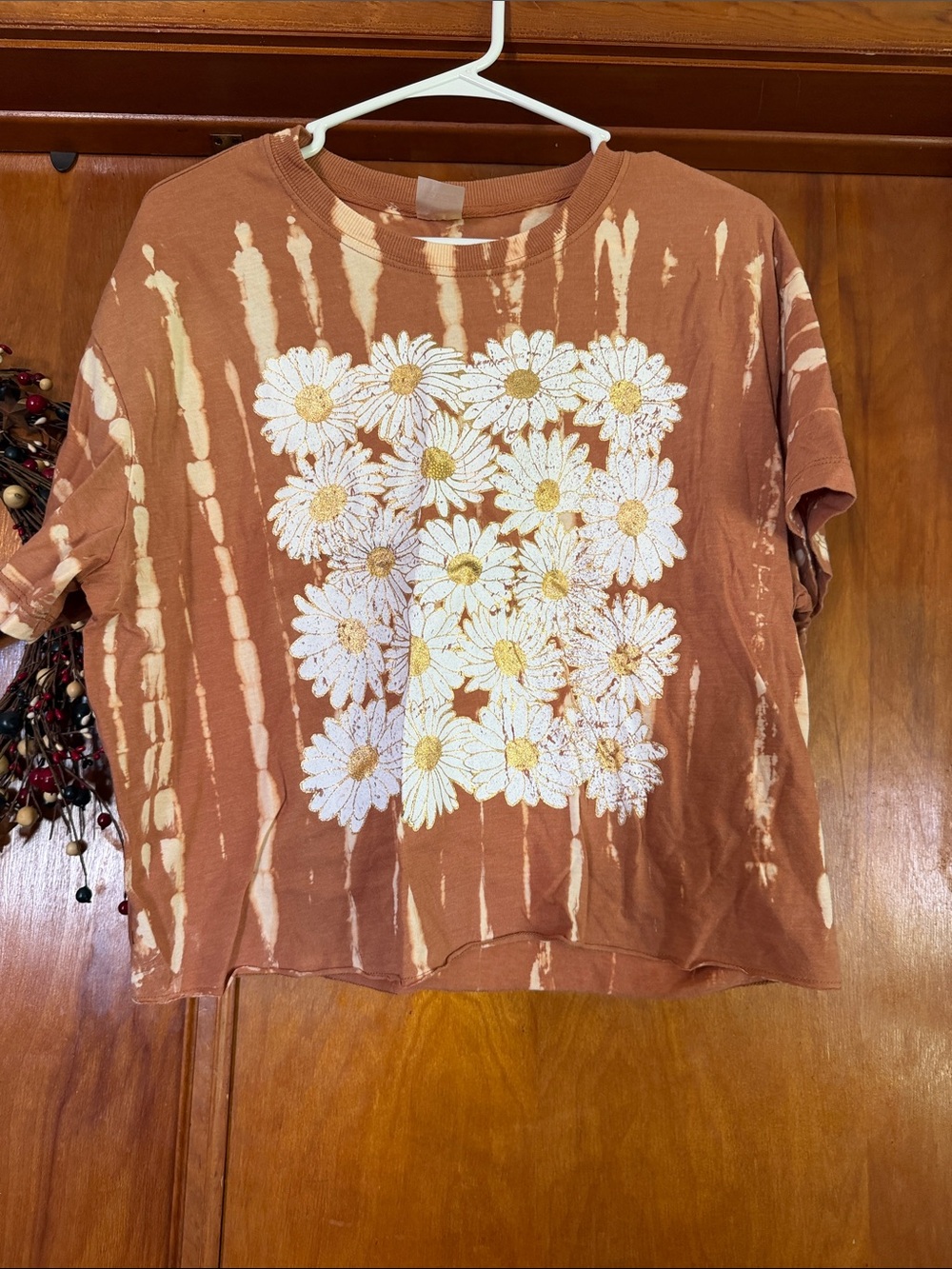 No Boundaries Rust Tie-Dye Crop Top with White Daisy Print